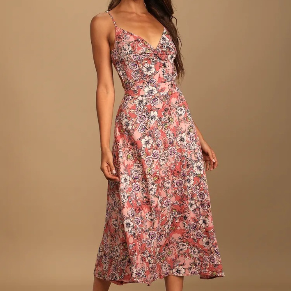Ties With You Rose Pink Floral Print Tie-Back Midi Dress